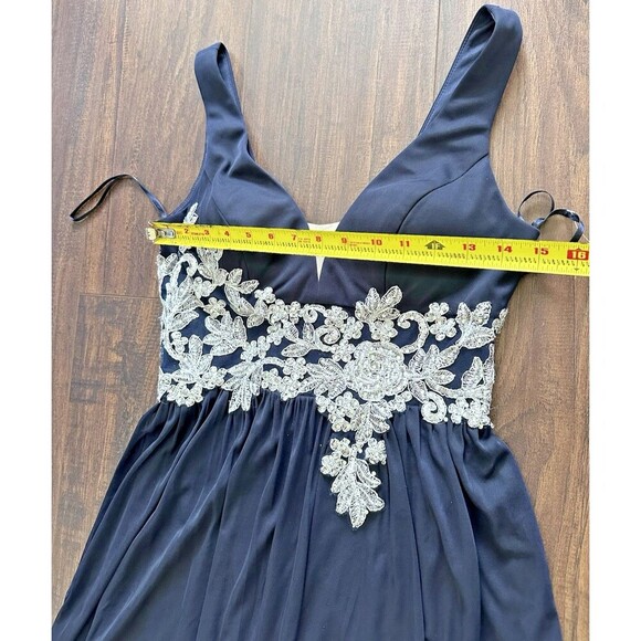 Betsy & Adam Women's Embroidered-Waist Sheath Party Maxi Dress Gown SilverNavy 2 - Picture 5 of 9